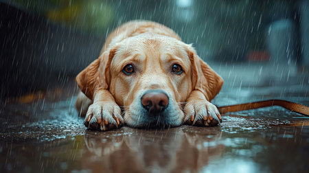 A golden Labrador Retriever lies down, resting its head on its paws. The dog has brown eyes and a wet coat. The dog appears sad.の素材
