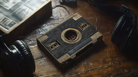 Detailed cassette tape with a dark, textured surface, metallic gold accents, and a central circular opening, showcasing a blend of vintage and artistic design.の素材