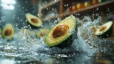 A vibrant green avocado half, revealing its textured brown pit, splashes dynamically into clear water, creating energetic droplets and ripples. Fresh, healthy.の素材