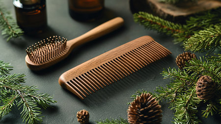 A wooden hairbrush and comb are arranged with pine branches and cones, showcasing natural textures and organic materials.の素材