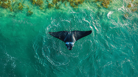 An aerial view captures a large, dark manta ray with distinctive markings swimming gracefully in vibrant, clear turquoise ocean water.の素材