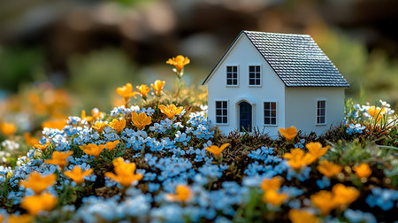 A small, white house with a black shingled roof, featuring multiple windows and a blue door, sits amidst a bed of vibrant flowers.の素材