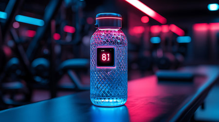 Modern transparent water bottle with a diamond-cut surface, featuring a glowing red digital display showing '81' and a sleek black cap with a red light ring.の素材