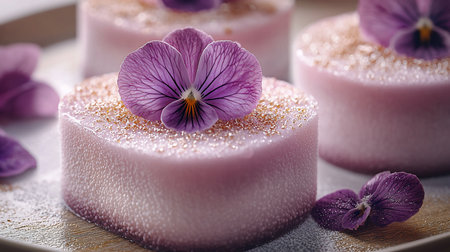 Round pink dessert topped with a vibrant purple pansy flower and golden sprinkles. The dessert has a textured, bubbly surface.の素材