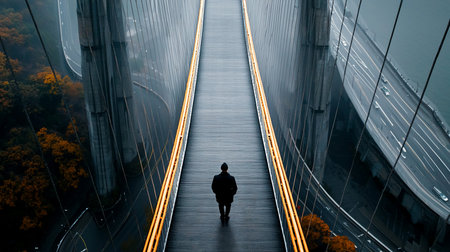A solitary person is seen from behind, walking along a sleek, modern walkway with glowing orange lights on its sides, creating a path of light.の素材