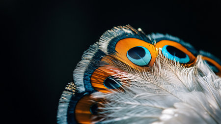 A detailed view of the iridescent and colorful feathers of a peacock, showcasing the intricate eye-like patterns and rich textures.の素材