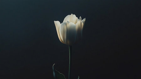 A single, pristine white tulip stands tall and graceful, its delicate petals softly illuminated against a deep, dark backdrop, creating a sense of serene beauty and quiet contemplation.の素材