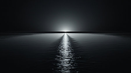 A striking beam of moonlight creates a shimmering path across a calm, dark body of water, extending towards the horizon under a somber sky.の素材