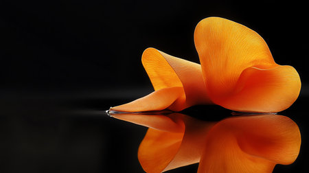 A single, striking orange Butea monosperma flower, also known as the Flame of the Forest, is beautifully captured with a clear reflection on a glossy black surface, highlighting its unique shape and .の素材