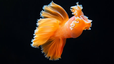 A stunning orange Betta fish, also known as a Siamese fighting fish, showcases its elaborate, ruffled fins and tail in a captivating display of aquatic beauty.の素材