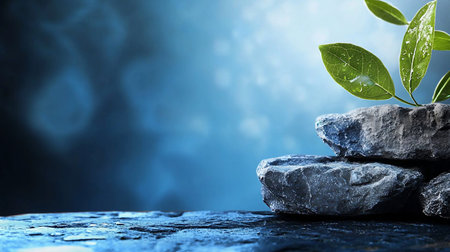 A vibrant green plant emerges from a stack of rough, grey rocks, showcasing new life and strength in a natural setting.の素材