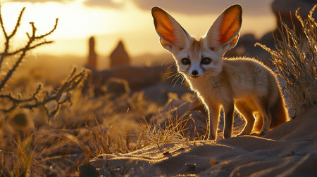 A small, light-colored fennec fox with remarkably large ears stands alertly in a warm, sunlit desert environment, its fur blending with the sandy tones.の素材