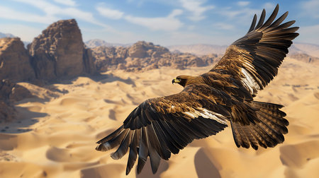 A powerful golden eagle in flight, showcasing its impressive wingspan and detailed plumage as it glides through the air.の素材
