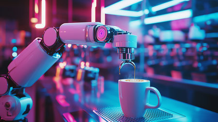 A sophisticated robotic arm meticulously dispenses coffee into a white ceramic mug, showcasing advanced automation in beverage preparation.の素材