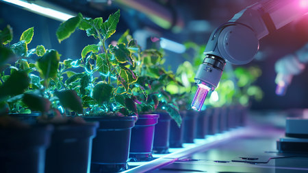 A robotic arm precisely waters and cares for a row of green plants in pots, illuminated by artificial grow lights in a controlled environment.の素材