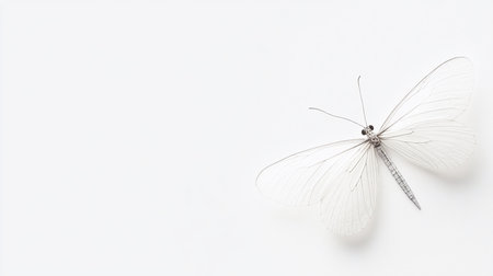 A small, light-colored insect with intricate wing venation and slender legs, captured in sharp detail against a plain background.の素材