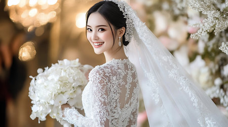 A stunning bride, adorned in a sophisticated white lace wedding gown and a flowing veil, holds a large white floral bouquet, exuding grace and happiness.の素材