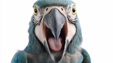 A vibrant blue and yellow macaw parrot is captured in a close-up shot, with its beak wide open, revealing its tongue.の素材