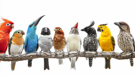 A vibrant array of different bird species, each with unique plumage and characteristics, are neatly arranged on a single tree branch, showcasing their individual beauty and the diversity of avian lif.の素材