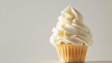 A single, perfectly frosted vanilla cupcake stands out with its elegant swirl of white cream, inviting a sweet indulgence. The soft lighting highlights its delicate texture.の素材