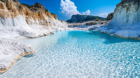 A serene natural pool with incredibly clear turquoise water, reflecting the bright sky and surrounded by unique white rock formations, creating a tranquil and picturesque scene.の素材