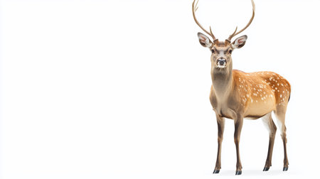 A full-body shot of a male Sika deer, showcasing its distinctive spotted coat and large, branched antlers, standing alert and looking directly forward.の素材