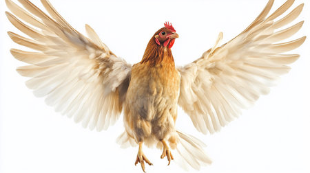 A beautiful brown and white hen captured mid-flight with its wings fully extended, showcasing its feathers and dynamic movement.の素材