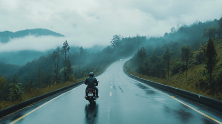 A person on a motorcycle is riding away on a wet asphalt road, surrounded by dense green trees and misty mountains in the distance.の素材