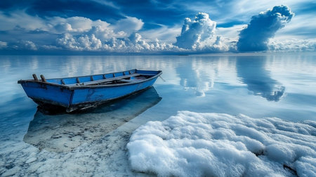 An old, weathered blue wooden rowboat rests peacefully on the calm, reflective surface of the water, showing signs of age and use.の素材