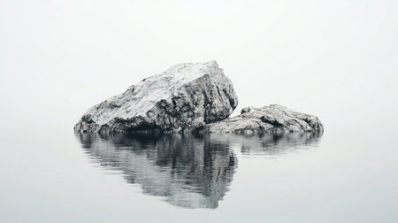 Two weathered rocks break the surface of still water, their reflections shimmering below. The scene is tranquil and minimalist, highlighting the raw beauty of nature.の素材