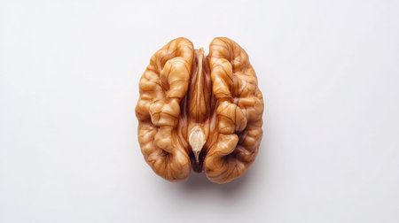 A close-up, top-down view of a single walnut half, showcasing its intricate folds and natural brown hues, presented against a stark white backdrop.の素材