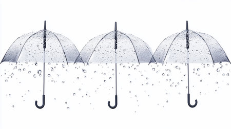 Three transparent umbrellas are shown with raindrops falling, illustrating a concept of shelter and rainy weather conditions.の素材