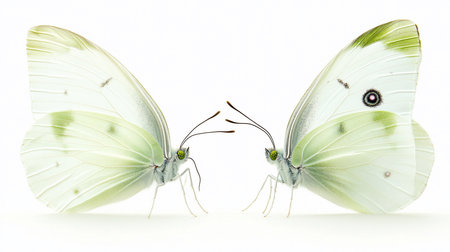 A pair of white butterflies, each with subtle light green markings on their wings, are positioned facing one another, creating a symmetrical and intimate interaction.の素材