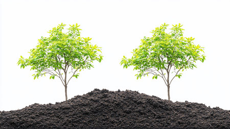 Two small, healthy trees with bright green leaves are firmly planted in a pile of dark, fertile earth, symbolizing growth and new beginnings.の素材