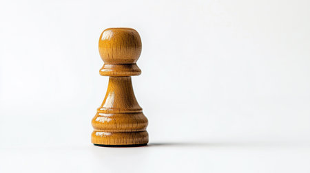 A single light brown wooden chess pawn, meticulously crafted, stands prominently on a pristine white background, casting a subtle shadow.の素材