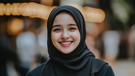 A close-up portrait of a beautiful young Muslim woman wearing a black hijab, with a genuine and warm smile on her face, looking directly at the camera.の素材
