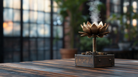 A beautifully crafted lotus-shaped incense burner releasing fragrant smoke, placed on a rustic wooden table with a blurred background.の素材