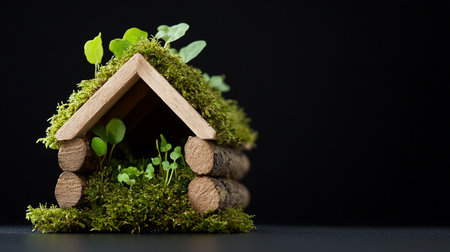 A small, eco-friendly wooden house model adorned with vibrant green moss and tiny plants, symbolizing sustainable living and nature.の素材