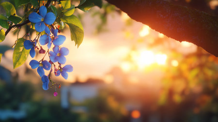 Close-up of ripe blue plums on a tree branch, bathed in the warm glow of a sunset, with a soft focus background.の素材