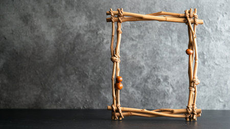 A handmade wooden frame crafted from branches, standing upright against a rough, gray concrete wall, creating a natural and rustic aesthetic.の素材