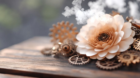 A beautiful steampunk-inspired flower with intricate gears and wisps of smoke, resting on a rustic wooden background, creating a unique and artistic composition.の素材