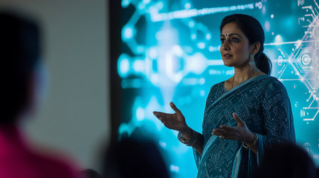 An Indian woman in traditional attire is giving a presentation in a modern setting, with a glowing digital screen behind her, engaging her audience.の素材
