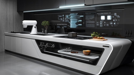 A contemporary kitchen showcasing advanced technology, smart home integration, and minimalist design elements for a sophisticated living space.の素材