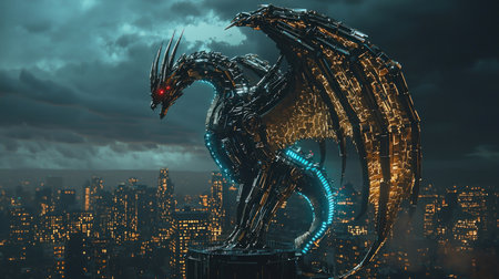 A formidable cybernetic dragon with glowing red eyes and intricate metallic wings surveys a sprawling futuristic city under a dramatic, cloudy sky, evoking a sense of power and mystery.の素材