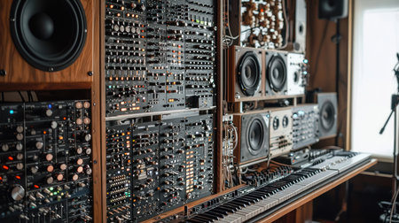 A close-up view of a complex vintage modular synthesizer setup with numerous knobs, cables, and audio equipment, showcasing the intricate details of analog sound production in a professional studio environment.の素材