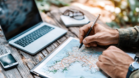 A mans hands are seen marking a map with a pen, with a laptop and smartphone nearby on a rustic wooden table, suggesting travel planning or remote work in nature.の素材
