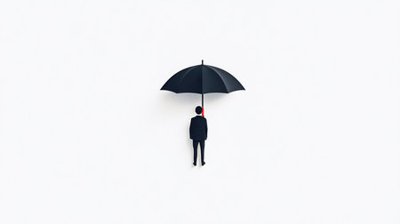 A lone businessman in a suit holds an open black umbrella, standing on a clean white background, viewed from directly above. This minimalist composition emphasizes protection and solitude.の素材