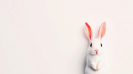 An adorable white rabbit with pink ears stands upright on its hind legs, looking directly at the camera against a clean, light-colored background, creating a charming and minimalist image.の素材