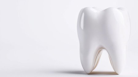 A pristine white tooth model stands upright against a bright, minimalist background, highlighting concepts of oral care, dentistry, and healthy teeth.の素材