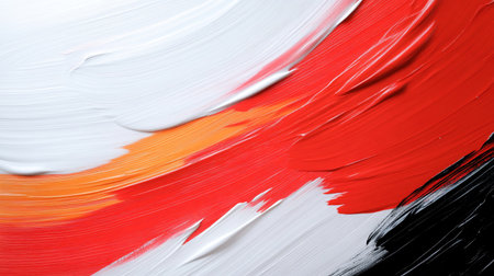 A close-up view of textured brushstrokes in red, white, orange, and black.の素材